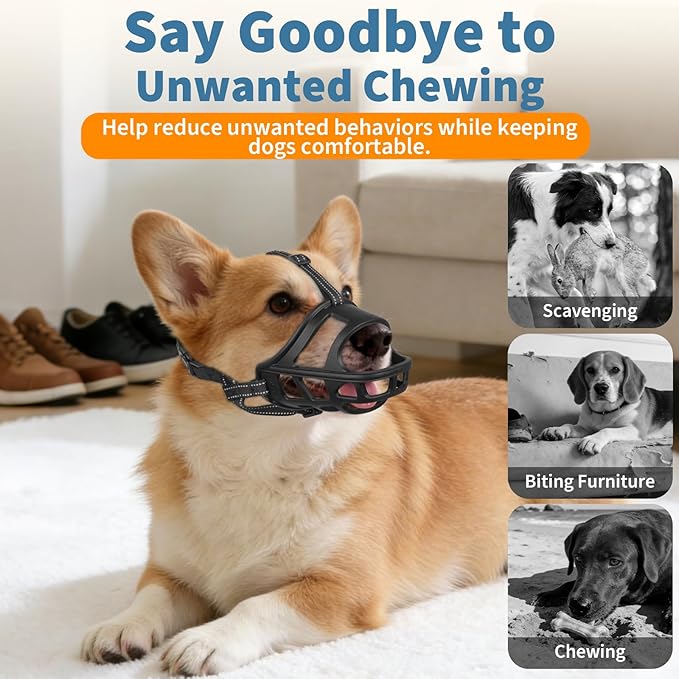 BARKLESS Dog Basket Muzzle for Medium & Large Dogs, Humane Cage Muzzle Prevent Biting Scavenging, Breathable Open Front Mouth Cover with Reflective Strap for Training, Walking Vet Visits (Black, S)