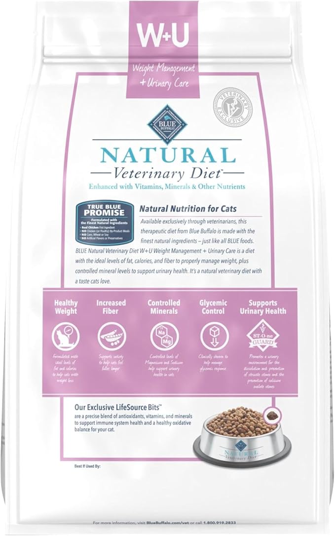 Blue Buffalo Natural Veterinary Diet W+U Weight Management + Urinary Care Dry Cat Food, Veterinarian Prescription Required, Chicken, 6.5-lb Bag
