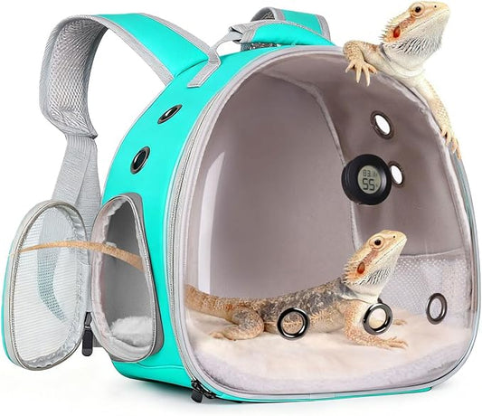 Bearded Dragon Travel Backpack Carrier with Reptile Thermometer and Humidity Gauge Lizard Travel Cage Space Capsule Clear Bubble Window Astronaut Reptile Bag for Ball Python (Green, Backpack)