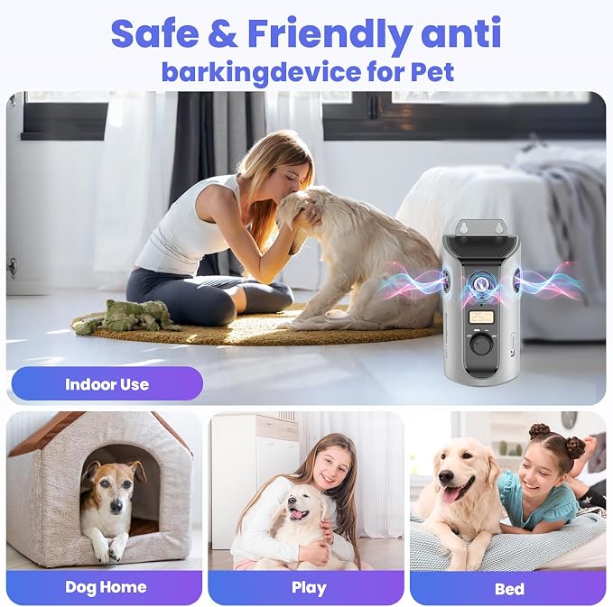 Anti Barking Device, 50FT Solar Charging Dog Barking Deterrent Device, Tri-Directional Ultrasonic Stop Dog Barking Device, Barking Control Device for Indoor Outdoor
