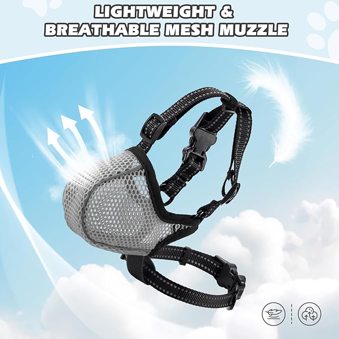 Dog Muzzle,Mesh Soft Muzzle for Small Medium Large Sized Dogs, Breathable Reflective Adjustable Puppy Muzzles with Collar for Scavenging Grooming Biting Chewing,Allows Panting and Drinking(Grey M)