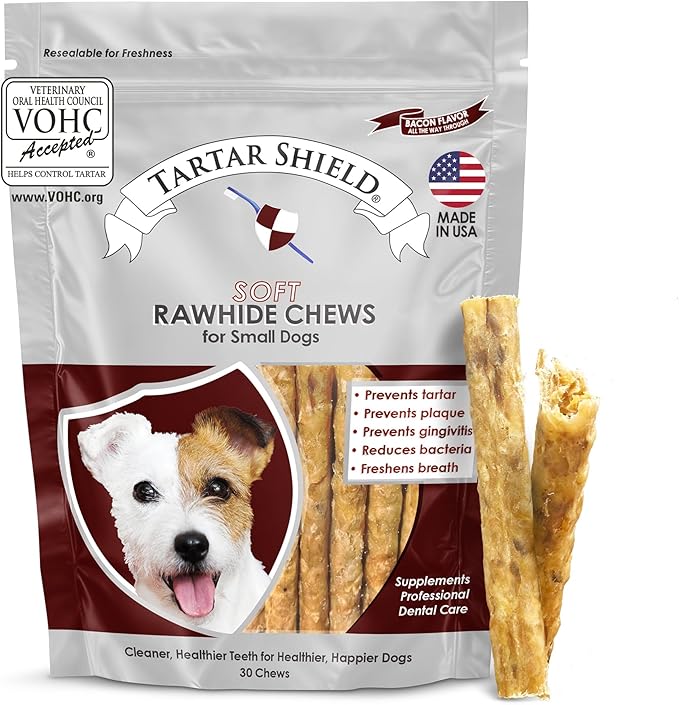 Tartar Shield Soft Rawhide Chews | Safe Dental Treats for Small Dogs | Vet VOHC Approved | Daily Bone Cleans Teeth & Gums Fresh Breath Oral Health Support | USA Made | (Small Dogs / 30 Count)