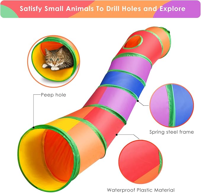 Ferret Guinea Pig Tunnel Collapsible Bunny Tube with 1 Play Ball 3 Ways Pet Rabbit Tunnels Hideout for Indoor Kitten Chinchilla Hamster Rat Small Pet Activity Fun Toys (Rainbow)