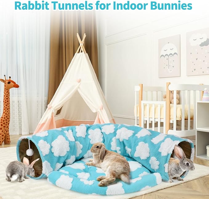 BWOGUE Bunny Tunnel Bed, 2-in-1 Collapsible Tunnel Tubes Toys with Removable Mat Hideout for Cats Kittens Rabbits Guinea Pigs Kitty (Clouds Blue)