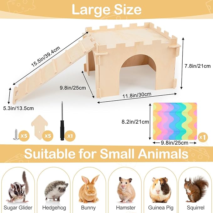 Guinea Pig Hideout, Guinea Pigs House with Stairs and Mats Extra Large Guinea Piggy Castle Detachable Hideouts for Small Animals Wooden Guinea Pig Habitats with Multiple Doors and Windows