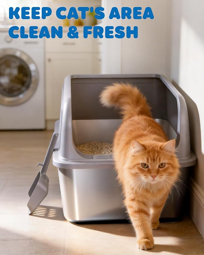 Powools Stainless Steel Cat Litter Box, Metal Litter Box with Scoop, High- Sided, Anti-Leakage Top Entry, Non-Sticky, Easy to Clean, Grey, XL (1 Pack)