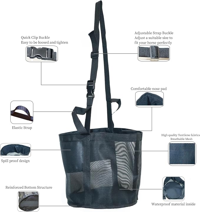 Horse Feed Bag for Grain, Medium, Heavy Duty Durable Mesh Horse Feeder with Adjustable Strap, Comfortable Neck, Reinforced Waterproof Bottom Horse Muzzle Feed Bag