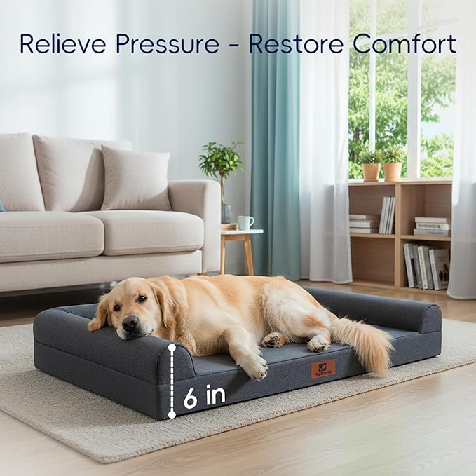 Sytopia 42 Inch Indestructible Orthopedic Sofa Dog Bed for Extra Large Dogs, Chew Proof Waterproof Foam Pet Couch Bed with Sides, Egg Crate Foam, Removable Washable Cover, Dark Grey