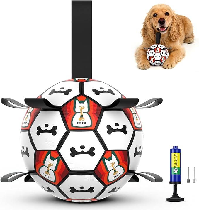Dog Toy Balls, Dog Soccer Ball with Straps, Interactive World Cup Soccer Ball for Medium Dogs, Water Fetch Toys, Tug-of-War, Herding Ball Toys Outdoor, Dog Birthday Toy, Black (6 Inch)
