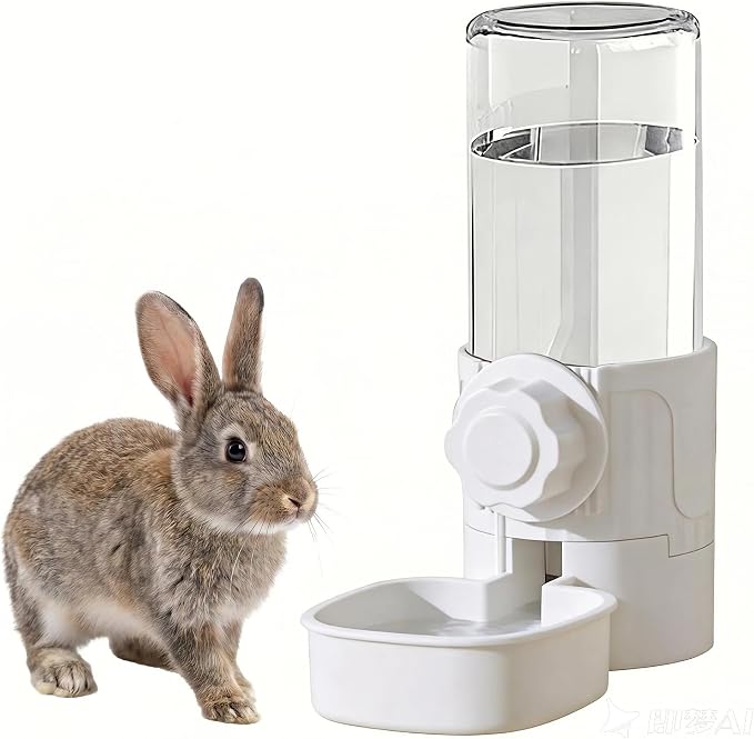 Pet Cage Suspended Water Dispenser, 17oz Hanging Automatic Water Bowl for Rabbit, Bunny, Cat, Ferret, Clear, Plastic (White)