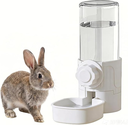 Pet Cage Suspended Water Dispenser, 17oz Hanging Automatic Water Bowl for Rabbit, Bunny, Cat, Ferret, Clear, Plastic (White)