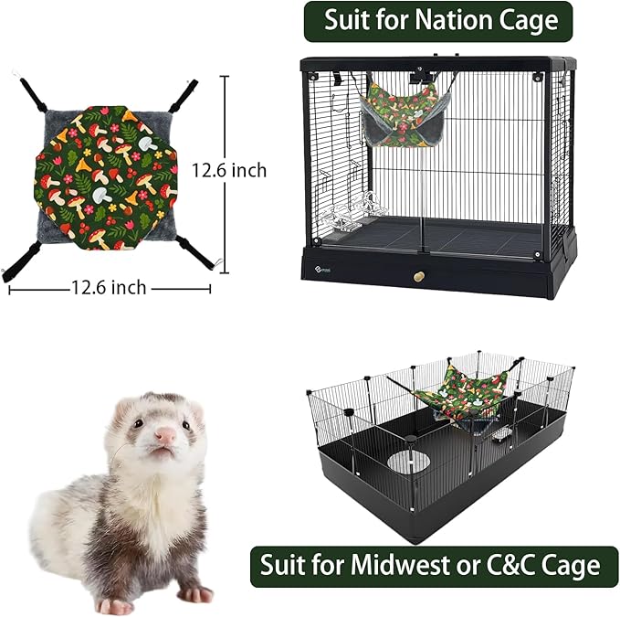 Straps are Adjustable Sugar Glider Pouch Hammock Bed Bedding, Sugar Glider Cage Accessories Toys for Rat, 3-Layer Hammock Make Pet Cages More Three-Dimensional （Green Mushroom）