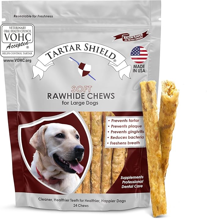 Tartar Shield Soft Rawhide Chews | Safe Dental Treats for Large Dogs | Vet VOHC Approved | Daily Bone Cleans Teeth & Gums Fresh Breath Oral Health Support | USA Made | (Large Dogs / 24 Count)