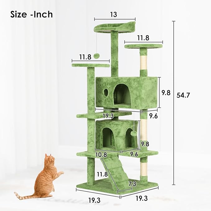 PayLessHere Cat Tree 54in Cat Tower with Cat Scratching Post,Multi-Level Cat Condo Stand House Furniture Kitty Activity Center with Furry Ball Toys Cat Tree for Indoor Cats,Green