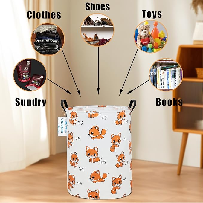 Laundry Basket Canvas Fabric Collapsible Organizer Basket for Storage Bin Toy Bins Gift Baskets Bedroom Clothes Children Nursery Hamper (Round Fox)