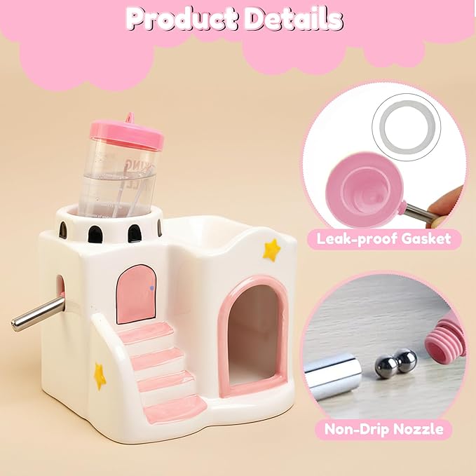 Ceramic Hamster Hideout - 3-in-1 Small Animal Climbing Feeding Hideaway House with Water Bottle, Pink Castle Shaped Chew Proof Mini Summer Cooling Hut Cage for Dwarf Hamster Mice Rat