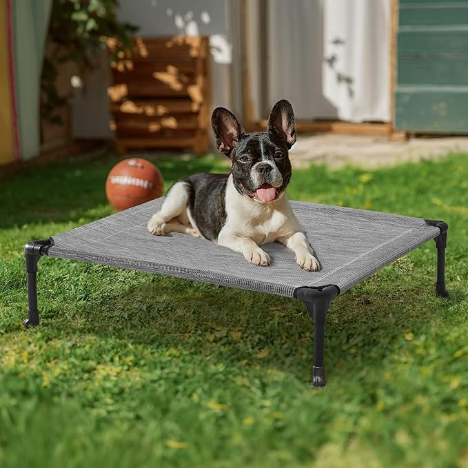 Veehoo Outdoor Elevated Dog Bed for Medium Dogs, Cooling Raised Dog Cots Beds Training Platform Off Ground Hammock with Breathable Mesh, No-Slip Feet, 32"x25", Black Silver