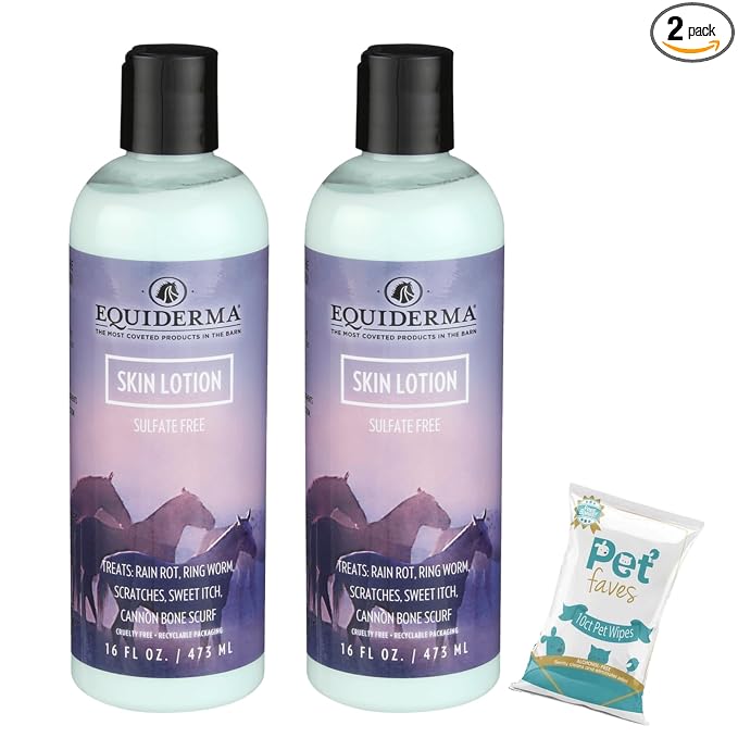 EQUIDERMA (2 Pack) Horse Skin Lotion with 10‑Count Pet Faves Pet Wipes – Gentle Soothing Relief for Cannon Bone, Mane & Tail Irritation, Dry Skin & Scabs