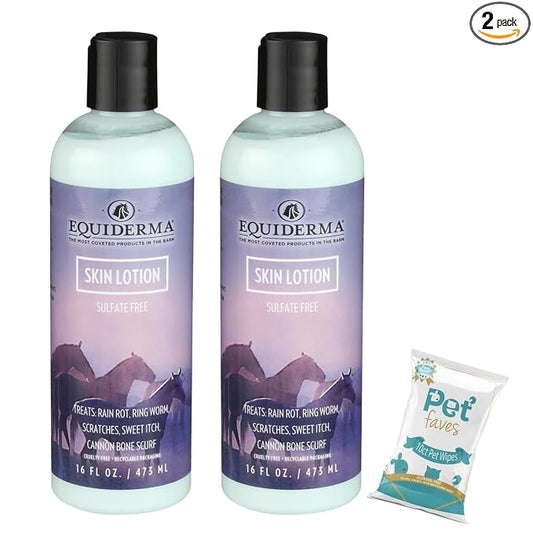 EQUIDERMA (2 Pack) Horse Skin Lotion with 10‑Count Pet Faves Pet Wipes – Gentle Soothing Relief for Cannon Bone, Mane & Tail Irritation, Dry Skin & Scabs