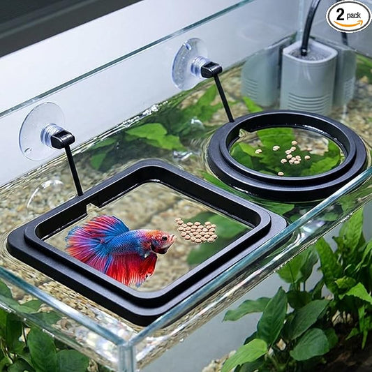 2PCS Fish Feeding Ring, Square and Round Aquarium Feeding Ring with Suction Cup for Betta Goldfish Guppy Turtle, Floating Fishes Feeder Rings for Fish Tank (Black)