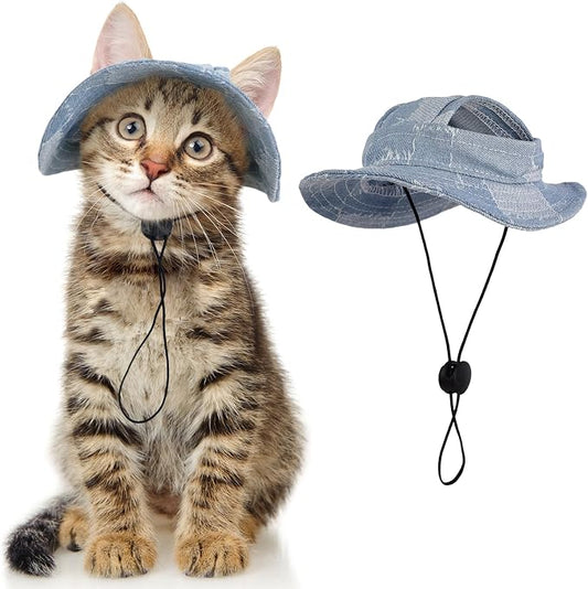 DENTRUN Cat Bucket Hat with Ear Hole, Cotton Birthday Bonnet for Small Pets | Breathable cotton, Adjustable Secures fit, For birthday Party, For small cats, daily cute photos