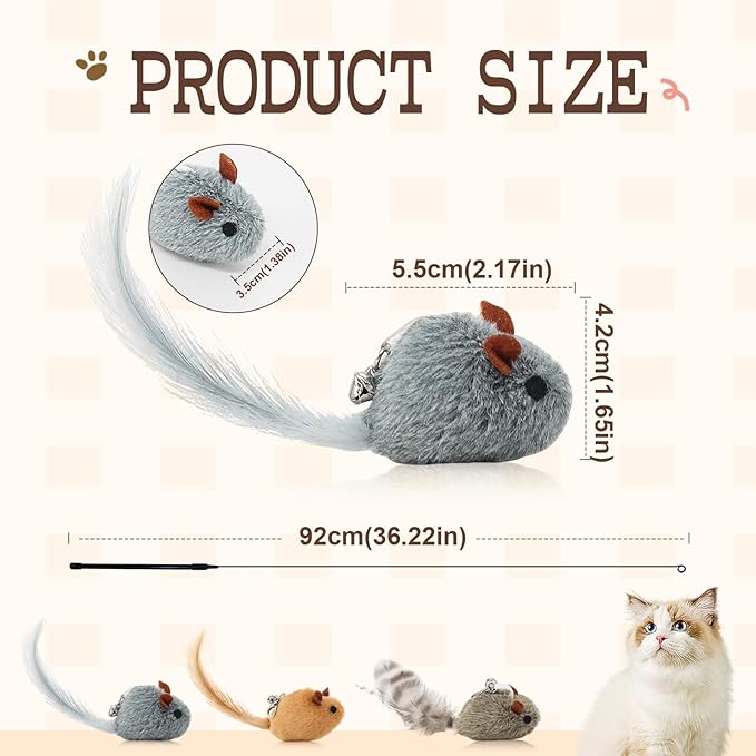 Andiker Cat Wand Toy, 3 Pack Plush Mouse Shapes Cat Feather Toys Refills with Bells and a 35.8'' Long Flexible Cat Stick, Interactive Cat Toys for Indoor Cats to Chase Beat Chew