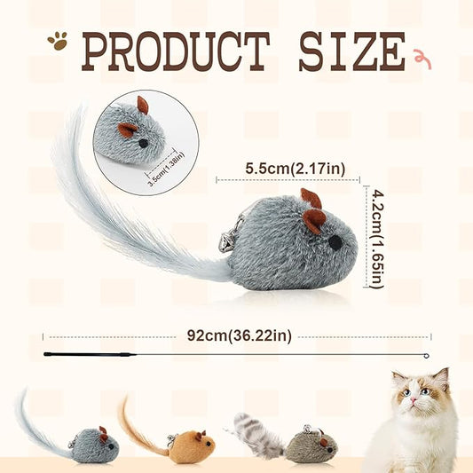Andiker Cat Wand Toy, 3 Pack Plush Mouse Shapes Cat Feather Toys Refills with Bells and a 35.8'' Long Flexible Cat Stick, Interactive Cat Toys for Indoor Cats to Chase Beat Chew