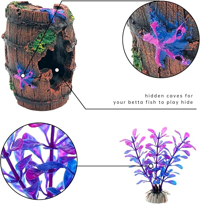 Faeshoo Fish Tank Decoration Betta Fish Tank Decorations Accessories for Aquarium Tank, Starfish Barrel x 1pc, Aquatic Plants x 4pcs