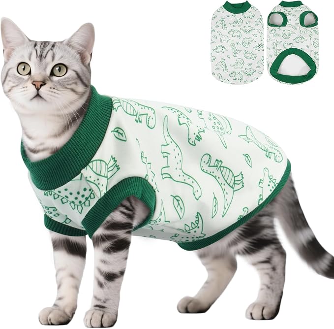 DENTRUN Sleeveless Cat Vest, Dinosaur Print & Ultra-Soft Dralon Fleece | Breathable, ultra-soft Dralon fleece, dinosaur print, sleeveless for freedom, all-season indoor/outdoor wear, XS-XXL sizes