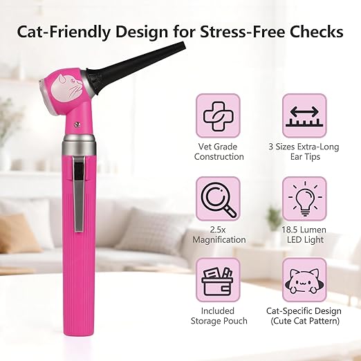 Veterinary LED Otoscope for Pets Cat-Design - Ear Infection Detector with Light, 6 Disposable Tips for Dogs & Cats, Portable Home Ear Checker (Pink)