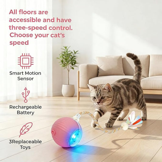 Rechargeable Smart Rolling Cat Ball, Automatic Interactive Cat Toy with 3 Modes, LED Light & 3 Replaceable Accessories, Indoor Cat Exercise Toy for Kittens & Adult Cats, for Boredom Relief Sky blue