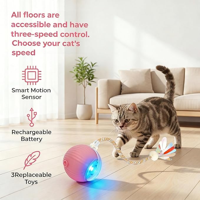 Rechargeable Smart Rolling Cat Ball, Automatic Interactive Cat Toy with 3 Modes, LED Light & 3 Replaceable Accessories, Indoor Cat Exercise Toy for Kittens & Adult Cats, for Boredom Relief Green