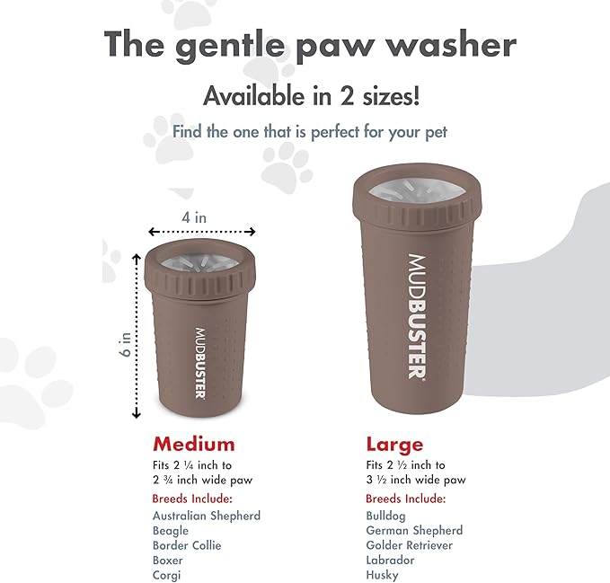 Dexas MudBuster Medium Dog Paw Cleaner in Taupe - Fits 1.5"-2.5" Wide Paws, Portable Paw Washer for Muddy Paws, Dog Paw Cleaning Cup with Gentle Silicone Bristles, Quick Clean Pet Paw Washer