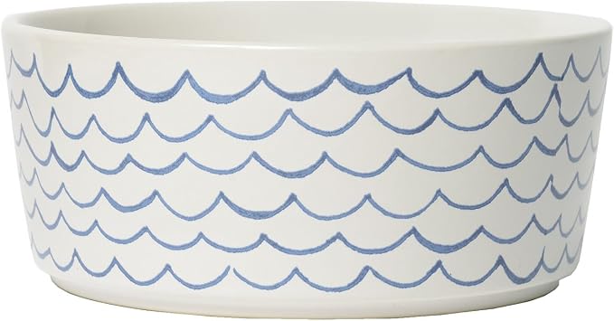 Waggo Ceramic Dog Bowl – Blue & White Wave Pattern Pet Food & Water Bowl – Durable, Dishwasher Safe Modern Dog Dish (Large)