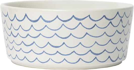 Waggo Ceramic Dog Bowl – Blue & White Wave Pattern Pet Food & Water Bowl – Durable, Dishwasher Safe Modern Dog Dish (Large)