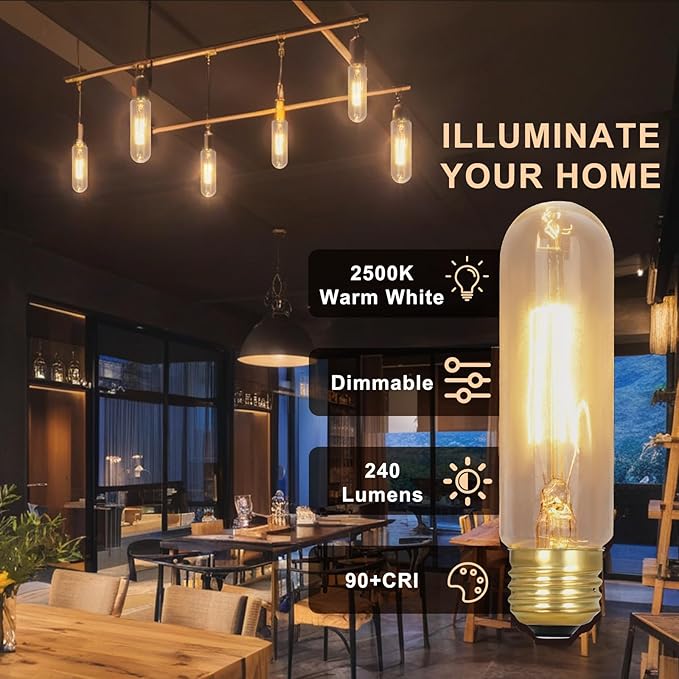 25 Watt T10 Clear Tubular Incandescent Light Bulb, T10 Bulbs,Vintage Style Showcase Bulbs,Showcase lamp,Dimmable for Desk Lamp,Curio Cabinet,Aquarium,Chandeliers,Aquarium Light Bulb(6PACK)