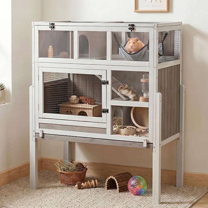 Large Guinea Pig Cages, 3-Story Indoor Guinea Pig Habitats with Stand, Hedgehog Cage Rabbit Hutch with Pull-Out Tray, Flip-Open Roof, Cozy Hammock