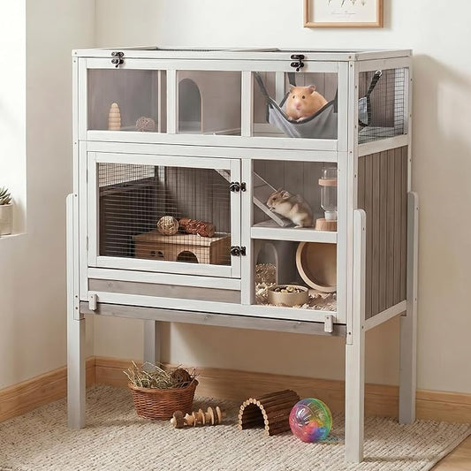Large Guinea Pig Cages, 3-Story Indoor Guinea Pig Habitats with Stand, Hedgehog Cage Rabbit Hutch with Pull-Out Tray, Flip-Open Roof, Cozy Hammock