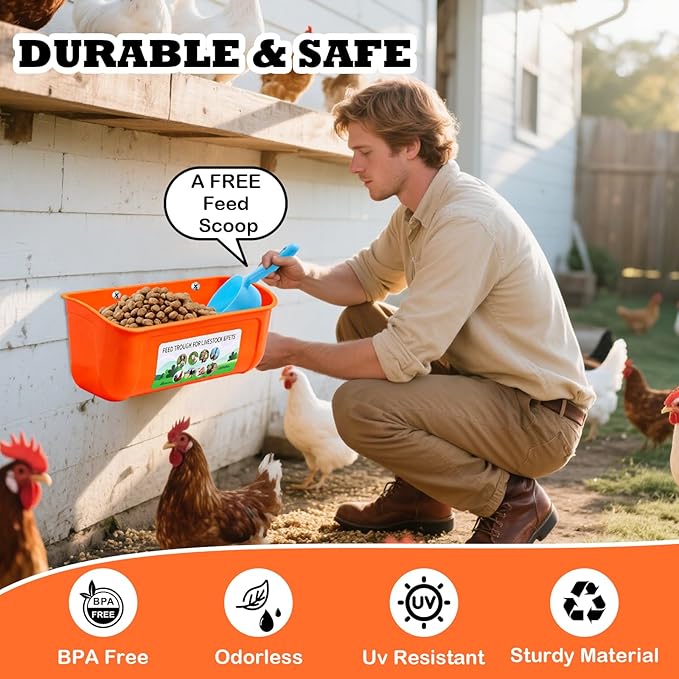 5 Pack Chicken Feeder, Duck Feeder Supplies, Hanging Fence Feed Trough with Clips for Goat, Sheeple, Piglet, Gooses, Turkeys, Dog Livestock Poultry, 8 Quarts in Total, Feed Scoop Included, Orange
