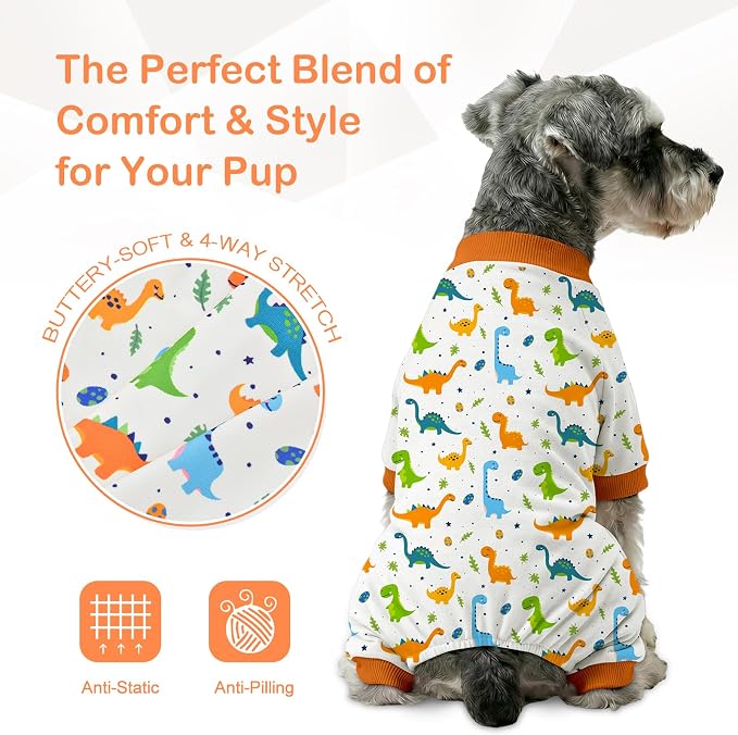 Dog Pajamas for Small Medium Dogs Recovery Suit Dog Pjs Dog Onesie Cute Soft Breathable Puppy Pajamas Pet Spring Summer Stretchy Pjs for Boy Girl - Orange Dinosaurs