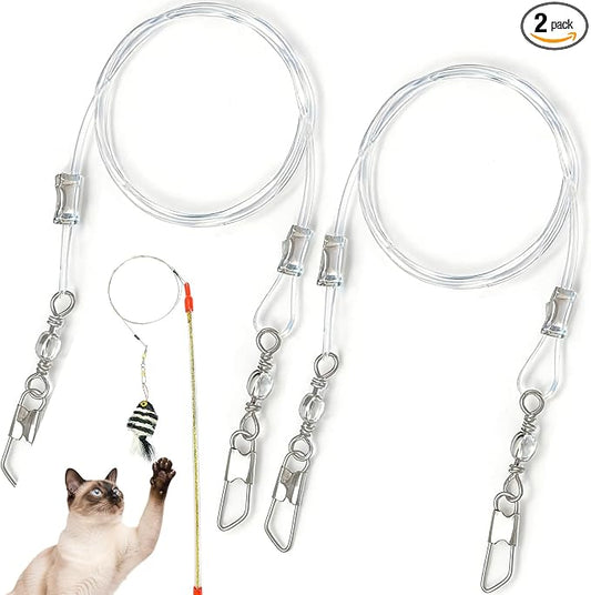 2pcs Replacement Strings for Cat Wand, Plastic Paracord Strings Replacement with Lobster Clasps, Interactive Kitten Wand Stick Wire for Cat Teaser Wand- Clear