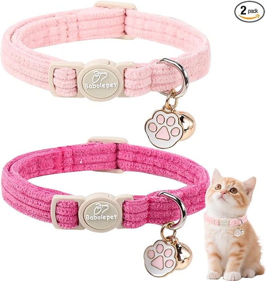 2 Pack Corduroy Cat Collars - Cute Breakaway Cat Collar with Bell and Paw Pendant, Soft Adjustable Fall Winter Kitten Collars for Girl Boy Cats, Pink&Deep Pink