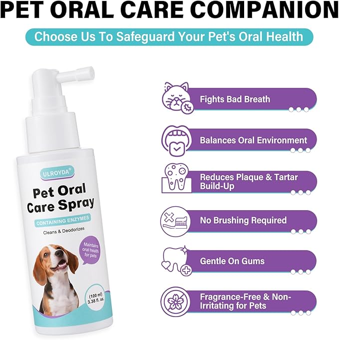 Pet Dental Spray for Dogs & Cats - Fragrance-Free Triple Enzyme & Probiotics Oral Care Mist, Dog Teeth Cleaning, Bad Breath & Tartar Plaque Support, Dental Water Additive for Pet Supplies, 3.38 oz