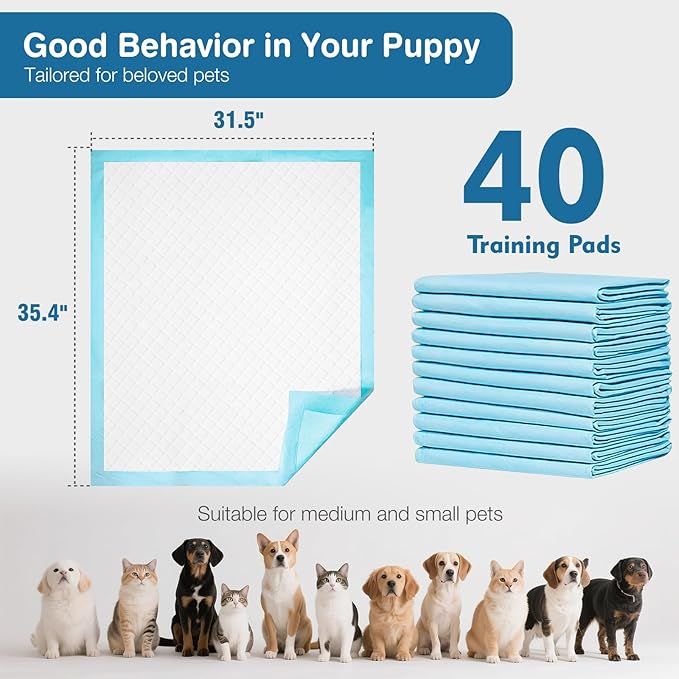 40 Pack Extra Large Dog Pee Pads, XXL Puppy Training Pads - 31.5 x 35.4 Inch, Quick Dry, 6-Layer Leak Proof Protection and Disposable Dog Pads with Super Absorbent for Indoor, Outdoor Use
