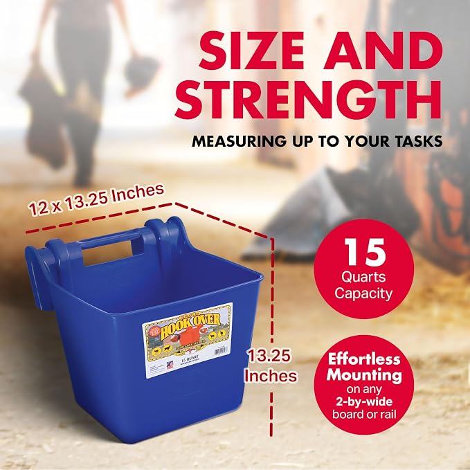 Little Giant® Plastic Hook Over Feeder | Mountable Livestock & Pet Feed Bucket | Horse Feed Bucket | Made in USA | 15 Quarts | Blue