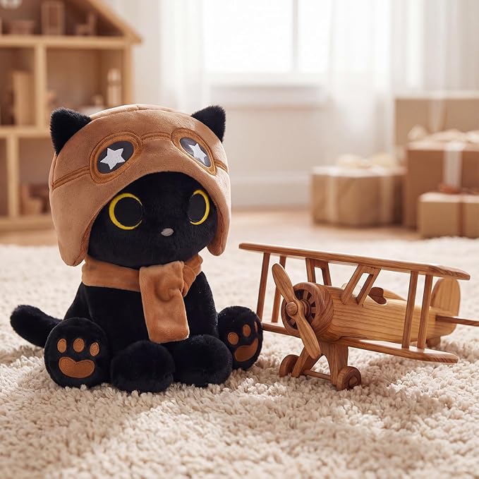 Cat Plush Toy - Black Cat with Removable Aviator Hat, 8" Cute Stuffed Animal for Kids & Adults, Soft Aviator Kitten Toy Birthday Gift for Boys,Girls, Little Pilots Party Favors