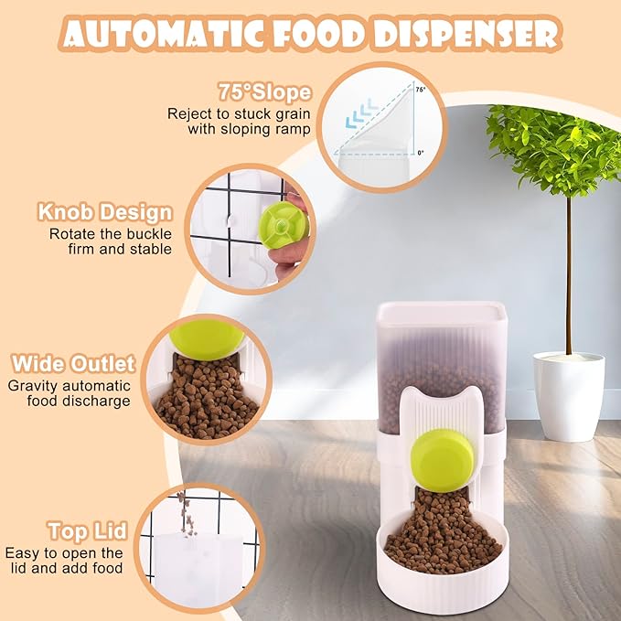 Automatic Replenish Pet Feeder, 1L Capacity Auto Gravity Cage Hanging Food Dispenser Set for Dog and Cat Small Animals, Removable Pet Food Bowl Food Container (Feeder, Grey)