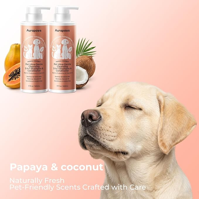 2-in-1 Dog Shampoo & Conditioner, Probiotic Pet Shampoo for Puppies & All Breeds, Hypoallergenic Formula for Sensitive Skin with Panthenol, Papaya Coconut Scent, 17oz, 2-Pack