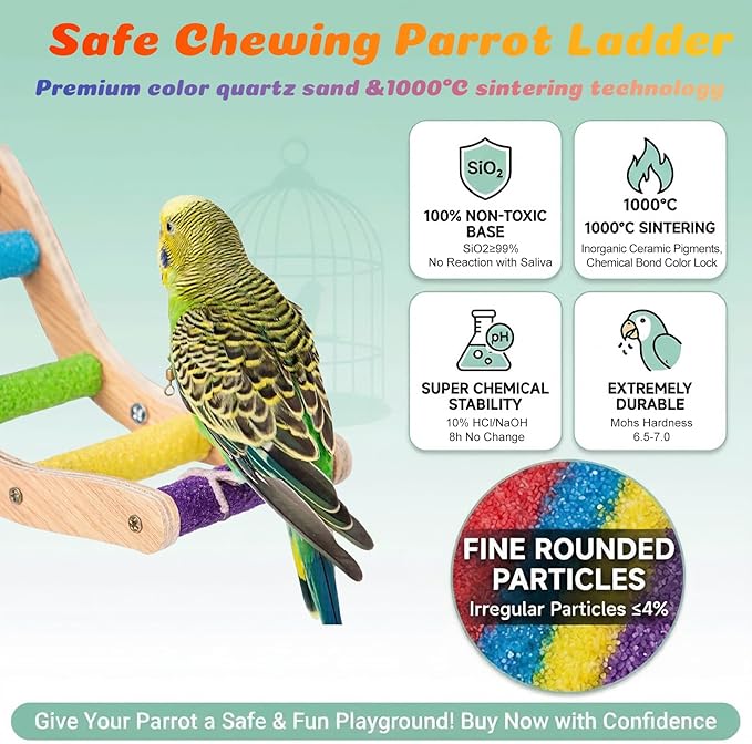Bird Perch Stand for Beak Grinding and Claw Trimming - Anti-Slip Colorful Climbing Ladder - Natural Wood and Resin Bird Cage Accessories for Parrot Parakeets Lovebird Budgies Cockatiels Conures