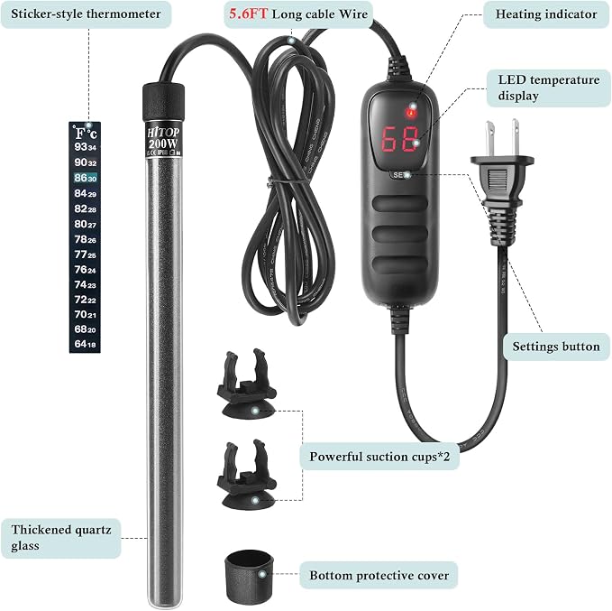 HITOP Compact Submersible Aquarium Heater -200W Digita Heater for Fish Tank Turtle Tank, for Saltwater and Fresh Water with Temperature Controller